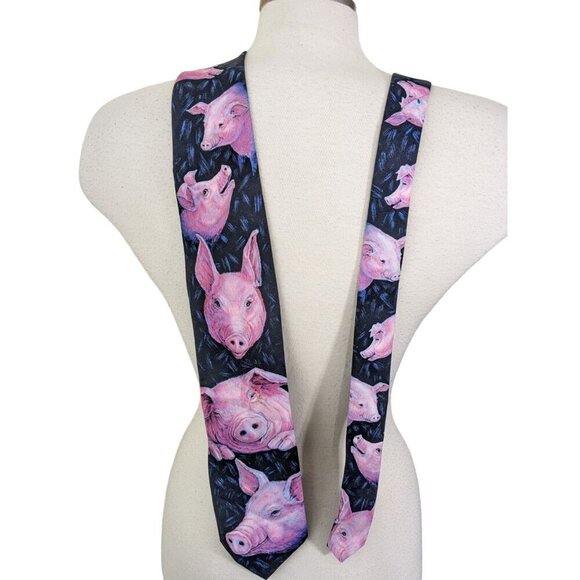 Vintage 1994 Ralph Marlin Necktie Blaine Helman Art Pink Pig Neck Tie Novelty - Picture 2 of 5